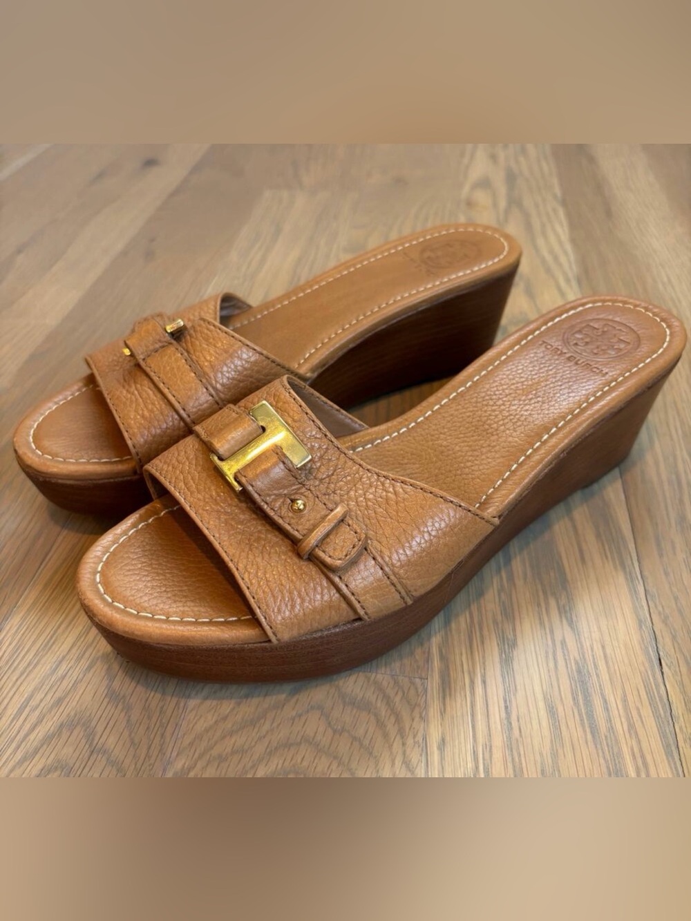 Tory Burch Brown Leather Wedge Slide Sandals with Gold Hardware
